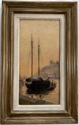 Lot 34 - English School oil on board, harbour scene, 34.5cm x 16.5cm, framed