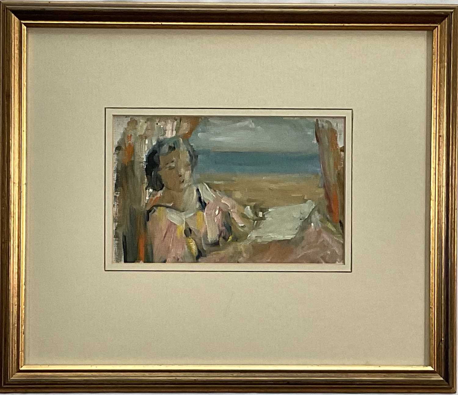 Lot 33 - Sophia Wysocka (1915-2008) oil on paper, The Window Seat, titled verso, 12cm x 19cm, in glazed frame