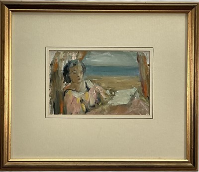 Lot 33 - Sophia Wysocka (1915-2008) oil on paper, The Window Seat, titled verso, 12cm x 19cm, in glazed frame