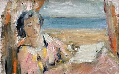 Lot 33 - Sophia Wysocka (1915-2008) oil on paper, The Window Seat, titled verso, 12cm x 19cm, in glazed frame