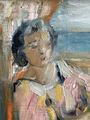 Lot 33 - Sophia Wysocka (1915-2008) oil on paper, The Window Seat, titled verso, 12cm x 19cm, in glazed frame