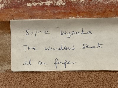 Lot 33 - Sophia Wysocka (1915-2008) oil on paper, The Window Seat, titled verso, 12cm x 19cm, in glazed frame