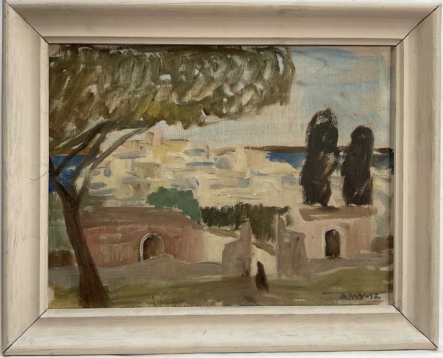 Lot 31 - Mid 20th century oil on canvas, a Continental coastal town, signed with initials and dated 1952, 25cm x 33cm, framed