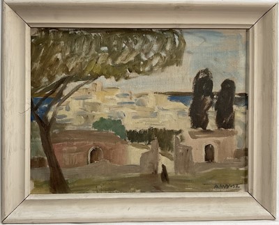 Lot 31 - Mid 20th century oil on canvas, a Continental coastal town, signed with initials and dated 1952, 25cm x 33cm, framed