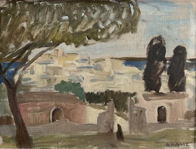 Lot 31 - Mid 20th century oil on canvas, a Continental coastal town, signed with initials and dated 1952, 25cm x 33cm, framed