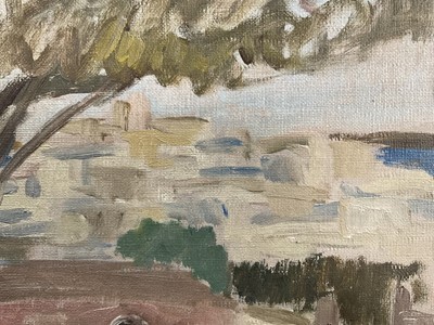 Lot 31 - Mid 20th century oil on canvas, a Continental coastal town, signed with initials and dated 1952, 25cm x 33cm, framed