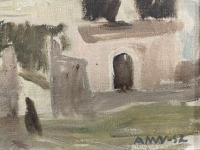 Lot 31 - Mid 20th century oil on canvas, a Continental coastal town, signed with initials and dated 1952, 25cm x 33cm, framed