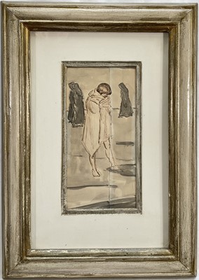 Lot 30 - 20th century pen and ink sketch, figure in cloak, 17cm x 8.5cm, glazed frame