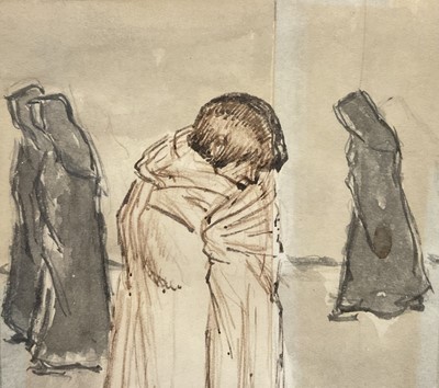 Lot 30 - 20th century pen and ink sketch, figure in cloak, 17cm x 8.5cm, glazed frame