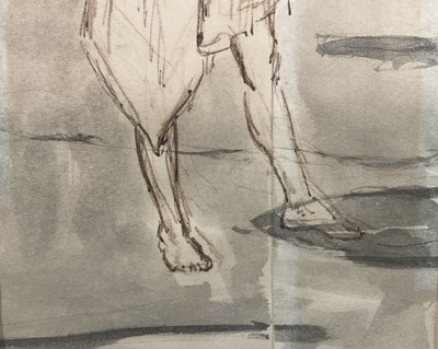 Lot 30 - 20th century pen and ink sketch, figure in cloak, 17cm x 8.5cm, glazed frame