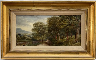 Lot 28 - English School, 19th century, oil on board, signed A. Vickers, figures on a track on the edge of woodland in mountainous landscape, 17cm x 35cm, gilt frame