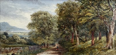 Lot 28 - English School, 19th century, oil on board, signed A. Vickers, figures on a track on the edge of woodland in mountainous landscape, 17cm x 35cm, gilt frame