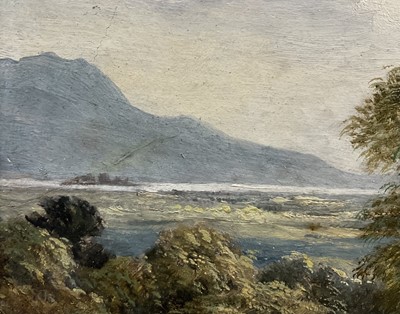 Lot 28 - English School, 19th century, oil on board, signed A. Vickers, figures on a track on the edge of woodland in mountainous landscape, 17cm x 35cm, gilt frame