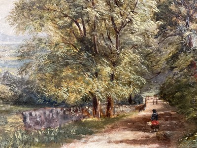 Lot 28 - English School, 19th century, oil on board, signed A. Vickers, figures on a track on the edge of woodland in mountainous landscape, 17cm x 35cm, gilt frame