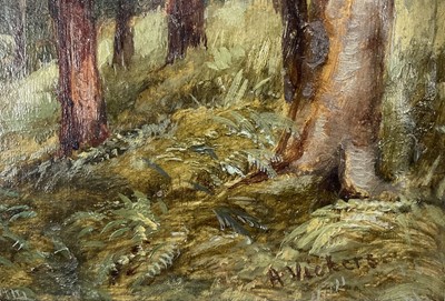 Lot 28 - English School, 19th century, oil on board, signed A. Vickers, figures on a track on the edge of woodland in mountainous landscape, 17cm x 35cm, gilt frame