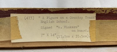 Lot 28 - English School, 19th century, oil on board, signed A. Vickers, figures on a track on the edge of woodland in mountainous landscape, 17cm x 35cm, gilt frame