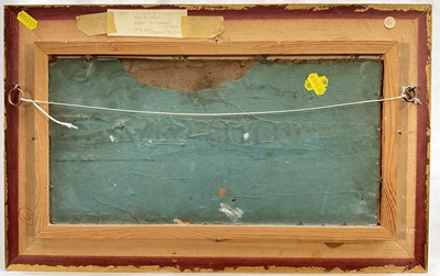 Lot 28 - English School, 19th century, oil on board, signed A. Vickers, figures on a track on the edge of woodland in mountainous landscape, 17cm x 35cm, gilt frame