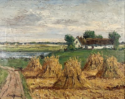 Lot 37 - 20th century oil on canvas, harvest landscape, bearing signature 'Carl Nielsen', 36cm x 46cm, framed