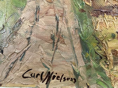 Lot 37 - 20th century oil on canvas, harvest landscape, bearing signature 'Carl Nielsen', 36cm x 46cm, framed
