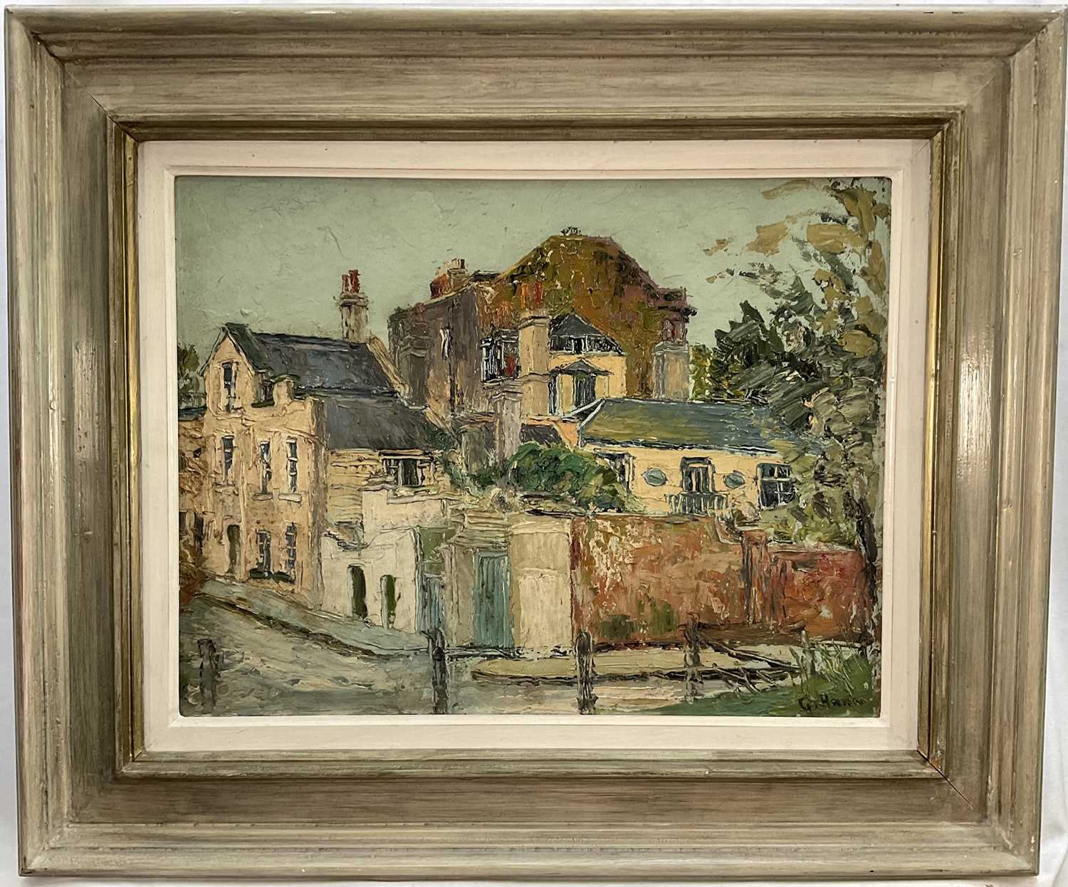 Lot 39 - George Hann (1900-1979) oil on board, street corner, signed, 34cm x 44cm, framed