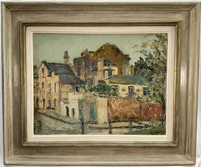 Lot 39 - George Hann (1900-1979) oil on board, street corner, signed, 34cm x 44cm, framed