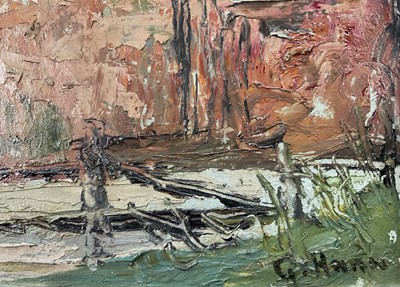 Lot 39 - George Hann (1900-1979) oil on board, street corner, signed, 34cm x 44cm, framed