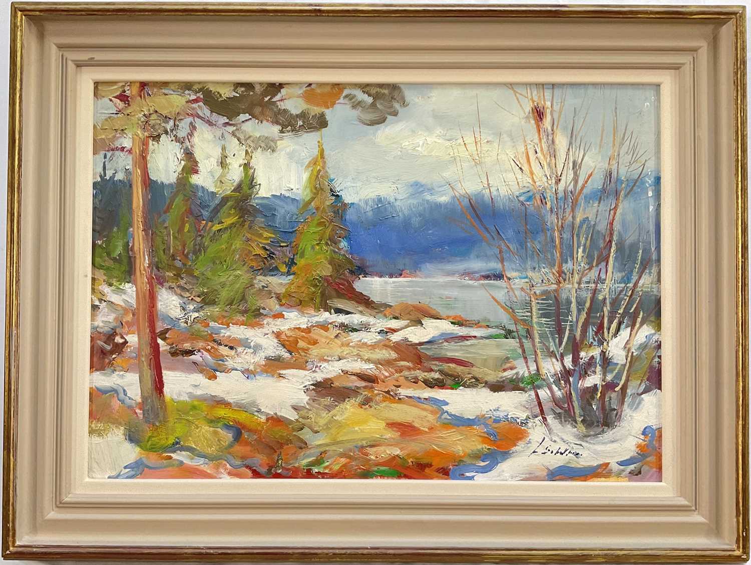 Lot 38 - Norwegian, 20th century, oil on board, signed indistinctly, Lake scene titled 'Spring, Tinnsjøen', 34cm x 48cm, framed