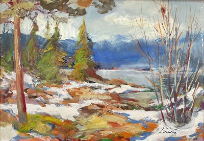 Lot 38 - Norwegian, 20th century, oil on board, signed indistinctly, Lake scene titled 'Spring, Tinnsjøen', 34cm x 48cm, framed