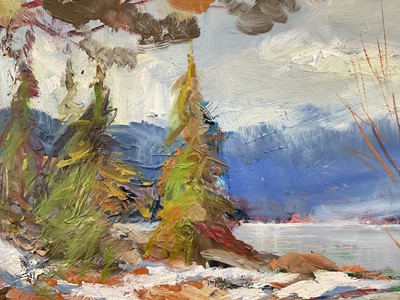 Lot 38 - Norwegian, 20th century, oil on board, signed indistinctly, Lake scene titled 'Spring, Tinnsjøen', 34cm x 48cm, framed