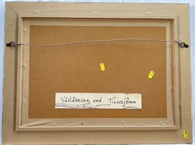 Lot 38 - Norwegian, 20th century, oil on board, signed indistinctly, Lake scene titled 'Spring, Tinnsjøen', 34cm x 48cm, framed