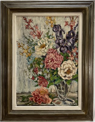 Lot 36 - 20th century oil on board North Tanzanian 'Flowers in the window', signed Betty Williams, inscribed verso c/o Township Authority Moshi Tanganyika, 50cm x 35cm, framed