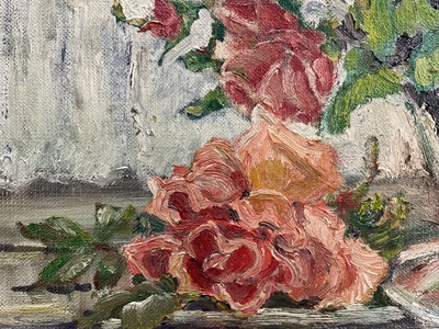 Lot 36 - 20th century oil on board North Tanzanian 'Flowers in the window', signed Betty Williams, inscribed verso c/o Township Authority Moshi Tanganyika, 50cm x 35cm, framed