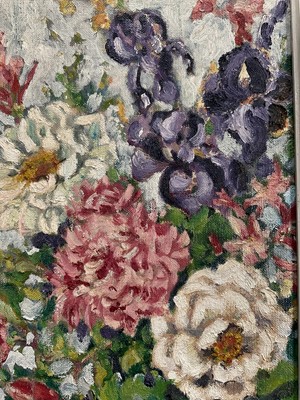 Lot 36 - 20th century oil on board North Tanzanian 'Flowers in the window', signed Betty Williams, inscribed verso c/o Township Authority Moshi Tanganyika, 50cm x 35cm, framed