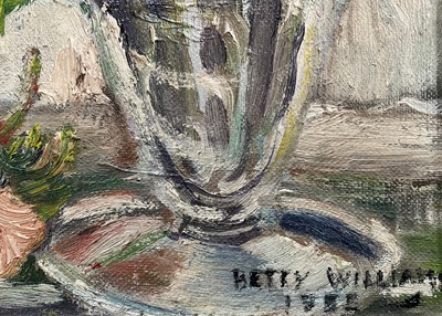 Lot 36 - 20th century oil on board North Tanzanian 'Flowers in the window', signed Betty Williams, inscribed verso c/o Township Authority Moshi Tanganyika, 50cm x 35cm, framed