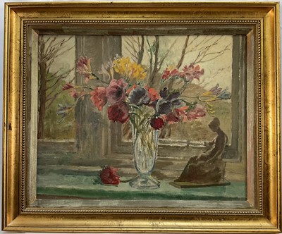 Lot 26 - English School, 20th century oil on canvas, Still life of flowers by a window, 39cm x 49cm, gilt frame