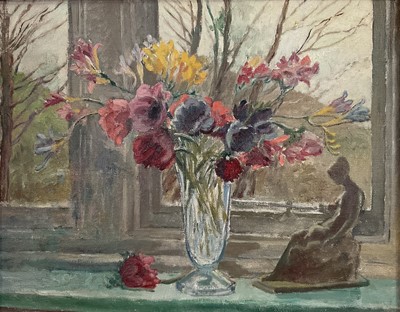 Lot 26 - English School, 20th century oil on canvas, Still life of flowers by a window, 39cm x 49cm, gilt frame