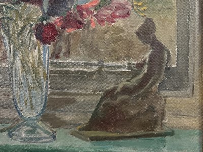 Lot 26 - English School, 20th century oil on canvas, Still life of flowers by a window, 39cm x 49cm, gilt frame