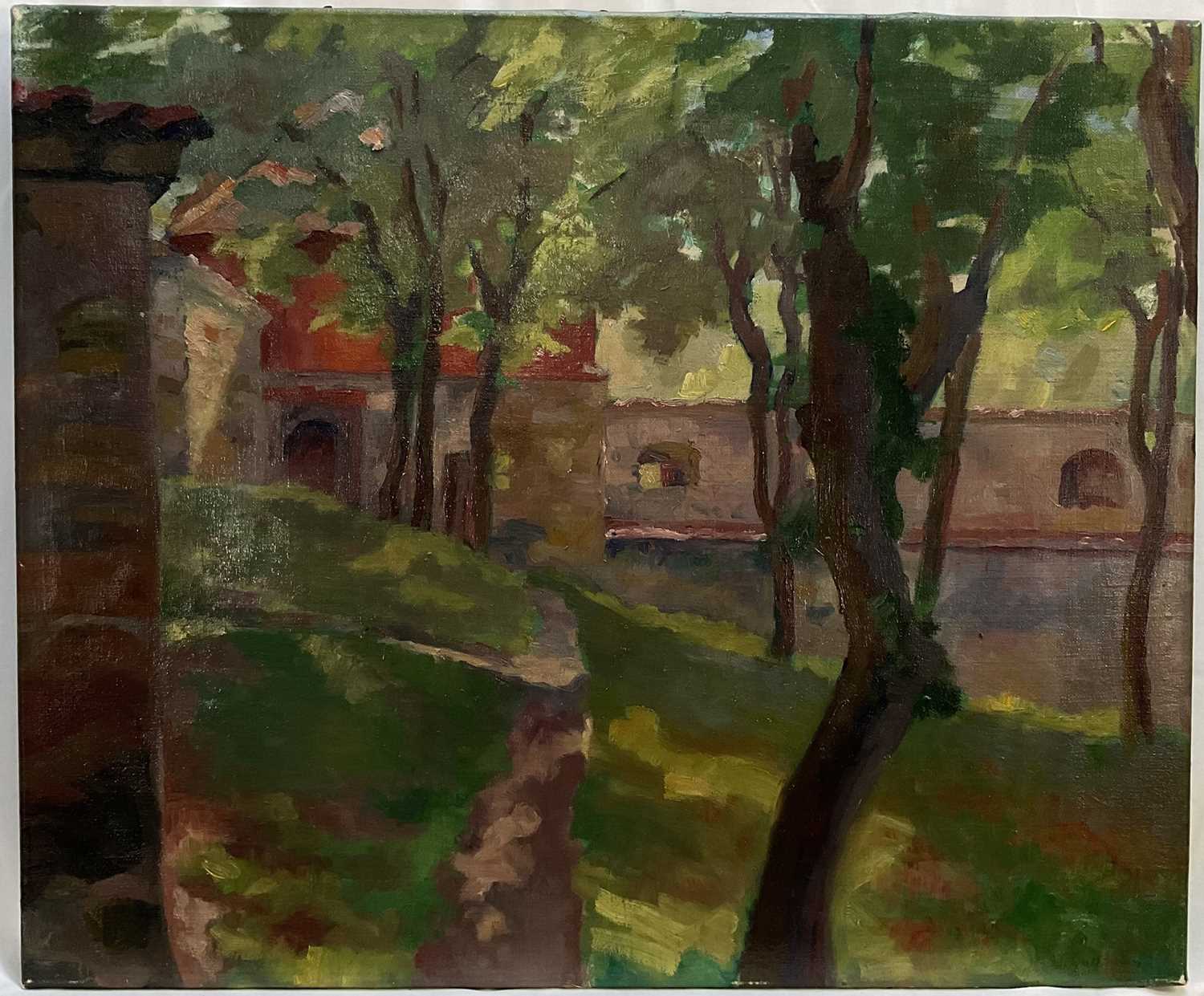 Lot 25 - Continental school, oil on canvas, shaded gardens and buildings, signed indistinctly lower right, 48cm x 58cm, unframed