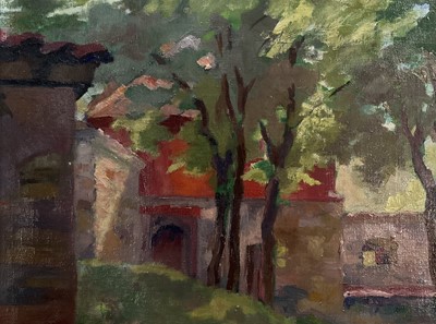 Lot 25 - Continental school, oil on canvas, shaded gardens and buildings, signed indistinctly lower right, 48cm x 58cm, unframed