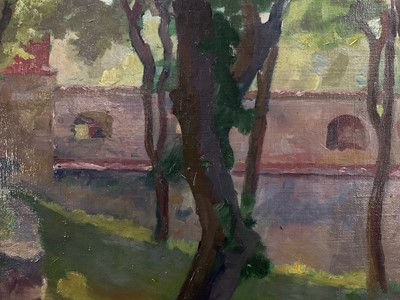 Lot 25 - Continental school, oil on canvas, shaded gardens and buildings, signed indistinctly lower right, 48cm x 58cm, unframed