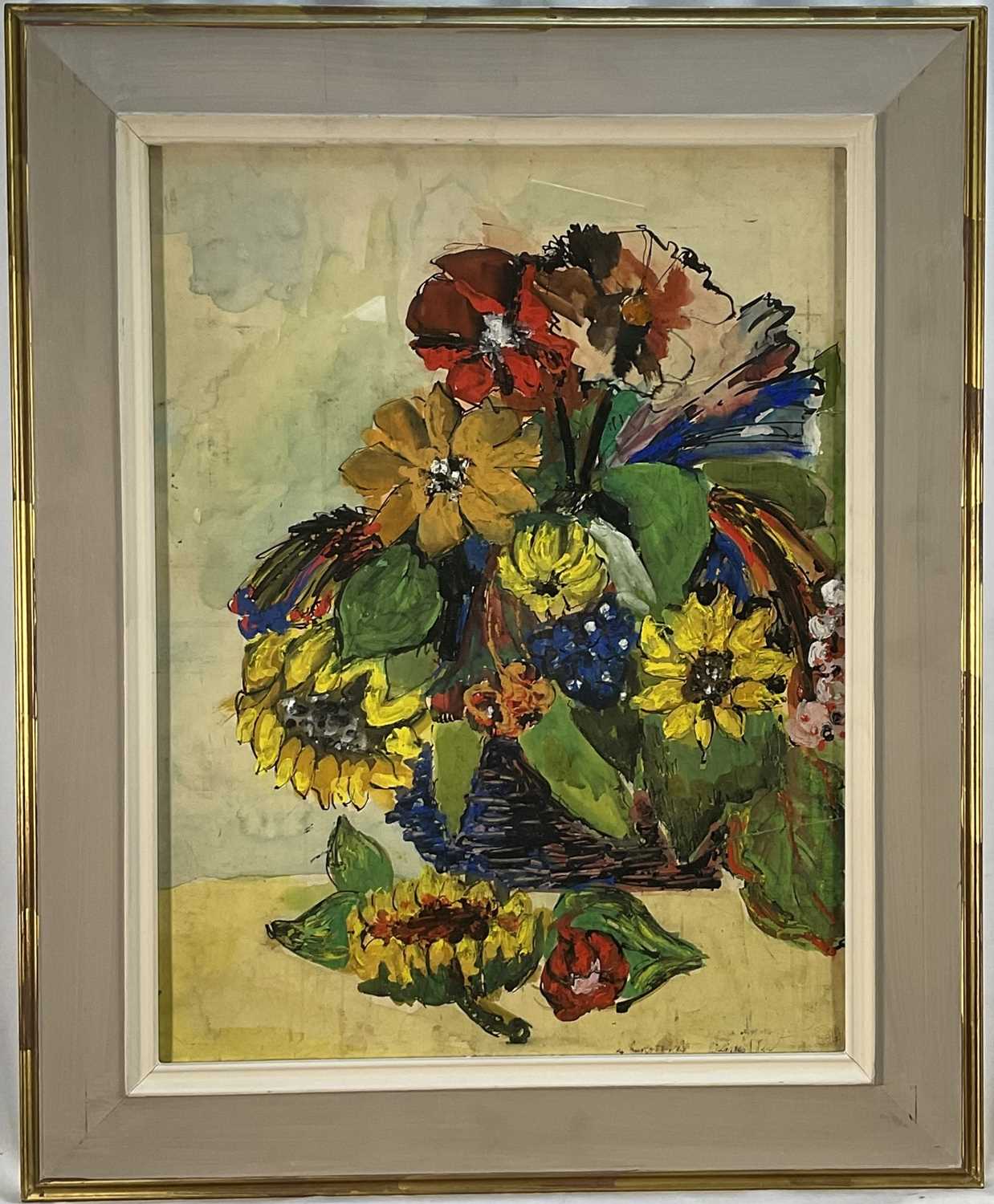 Lot 24 - Eastern European school mixed media on paper, still life of flowers, signed lower right, dated 1966, 55cm x 42cm, glazed frame