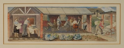 Lot 1033 - Anne Newland (1913-1997) pair of watercolour studies for a mural, signed, 11cm x 33cm, in glazed frames