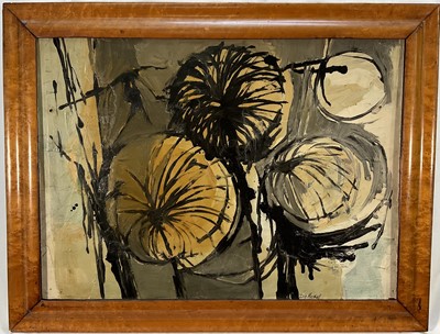 Lot 22 - 20th century abstract mixed media on board, signed D. G. Marshall, 41cm x 56cm, in a maple veneer frame