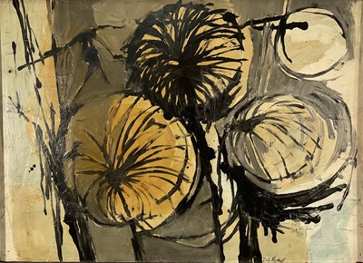 Lot 22 - 20th century abstract mixed media on board, signed D. G. Marshall, 41cm x 56cm, in a maple veneer frame