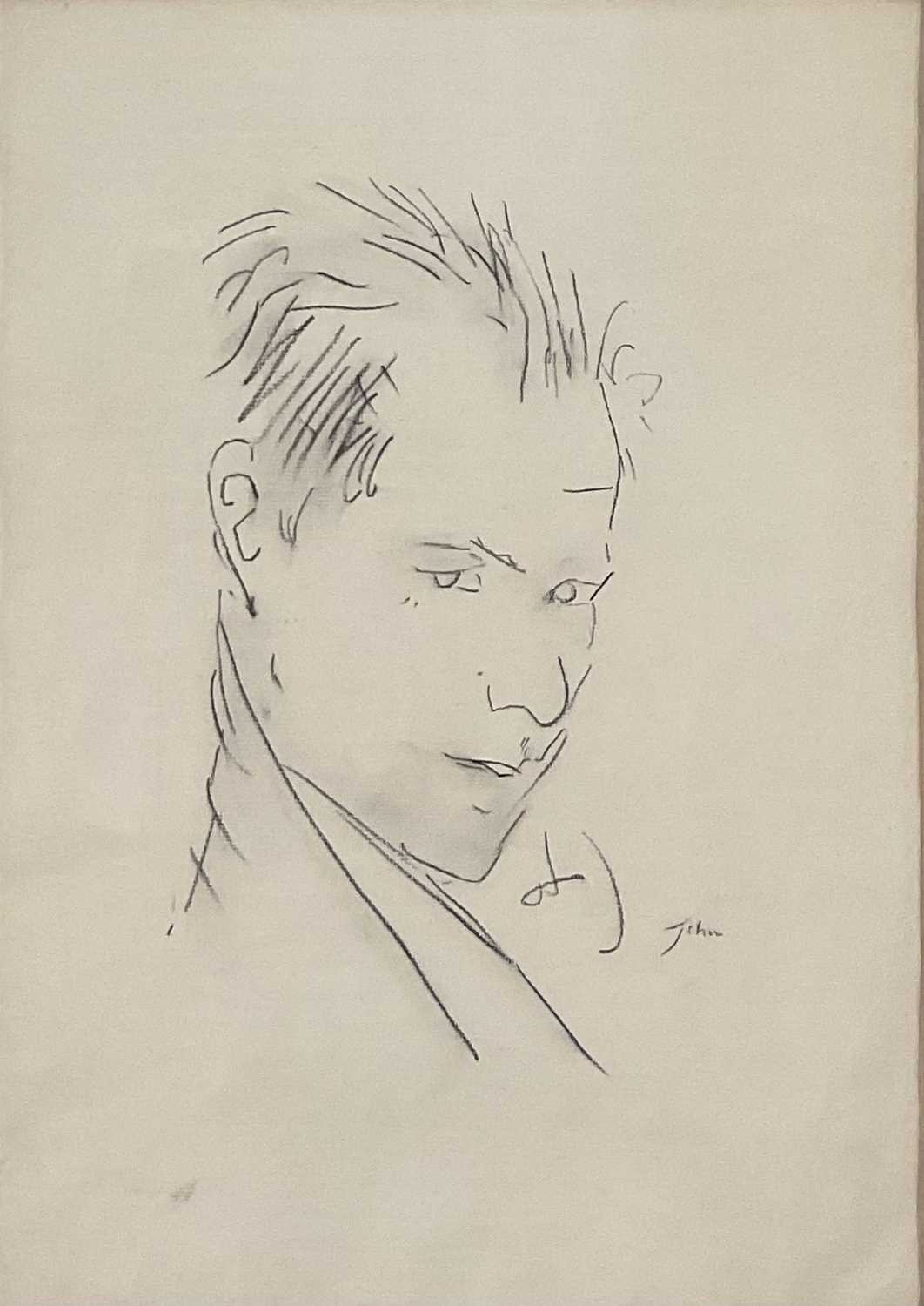 Lot 21 - English school, 1981, pencil on paper, portrait titled 'John', dated to label verso, 37cm x 26cm, mounted in glazed frame