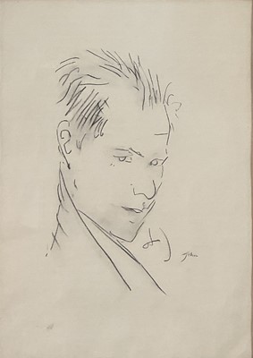 Lot 21 - English school, 1981, pencil on paper, portrait titled 'John', dated to label verso, 37cm x 26cm, mounted in glazed frame