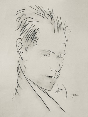 Lot 21 - English school, 1981, pencil on paper, portrait titled 'John', dated to label verso, 37cm x 26cm, mounted in glazed frame