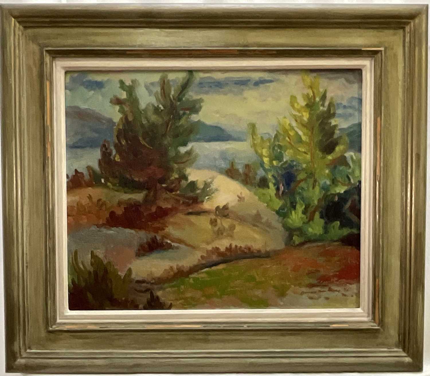 Lot 6 - Omar Kvalvaag (Norwegian, 1909-1997) oil on board, Fjord landscape, signed and dated '75, 37cm x 45cm, framed