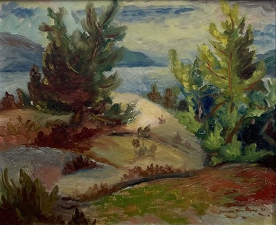 Lot 6 - Omar Kvalvaag (Norwegian, 1909-1997) oil on board, Fjord landscape, signed and dated '75, 37cm x 45cm, framed