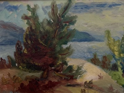 Lot 6 - Omar Kvalvaag (Norwegian, 1909-1997) oil on board, Fjord landscape, signed and dated '75, 37cm x 45cm, framed